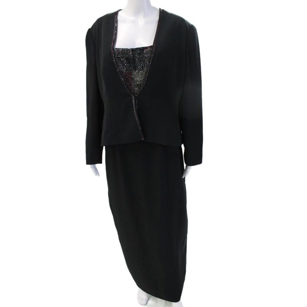 Daymor Women Black Jacket Dress Maxi V-Neck Long Sleeve Zip Size 14